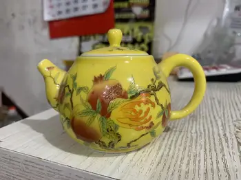 #9 Античен порцеланов чайник QingDynasty, Жълти стъкла саксия за нар, боядисване, Декорации, Колекциониране и Prettification, Безплатна доставка