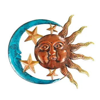 Метален стенен декор под формата на слънцето и Луната, за многократна употреба метални стенни скулптура във формата на слънцето и Луната, висящи украса за верандата, дом, градина, веранда