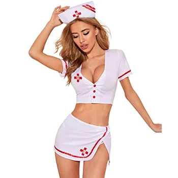 Секси палава костюм медицинска сестра за cosplay, дамско бельо, детски риза, еротика униформи, сладък украшение за ролеви игри на Хелоуин, съкратен топ, мини-пола, комплект